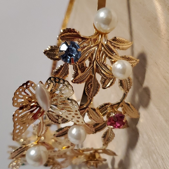 Goldtone Rhinestones faux pearls roses and butterflies headband NWT wedding prom - Picture 8 of 9
